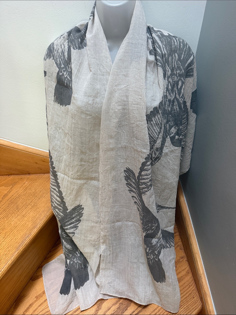 LOOK Bird Hummingbird Print Scarf Lightweight 100% Cotton Natural Neutral